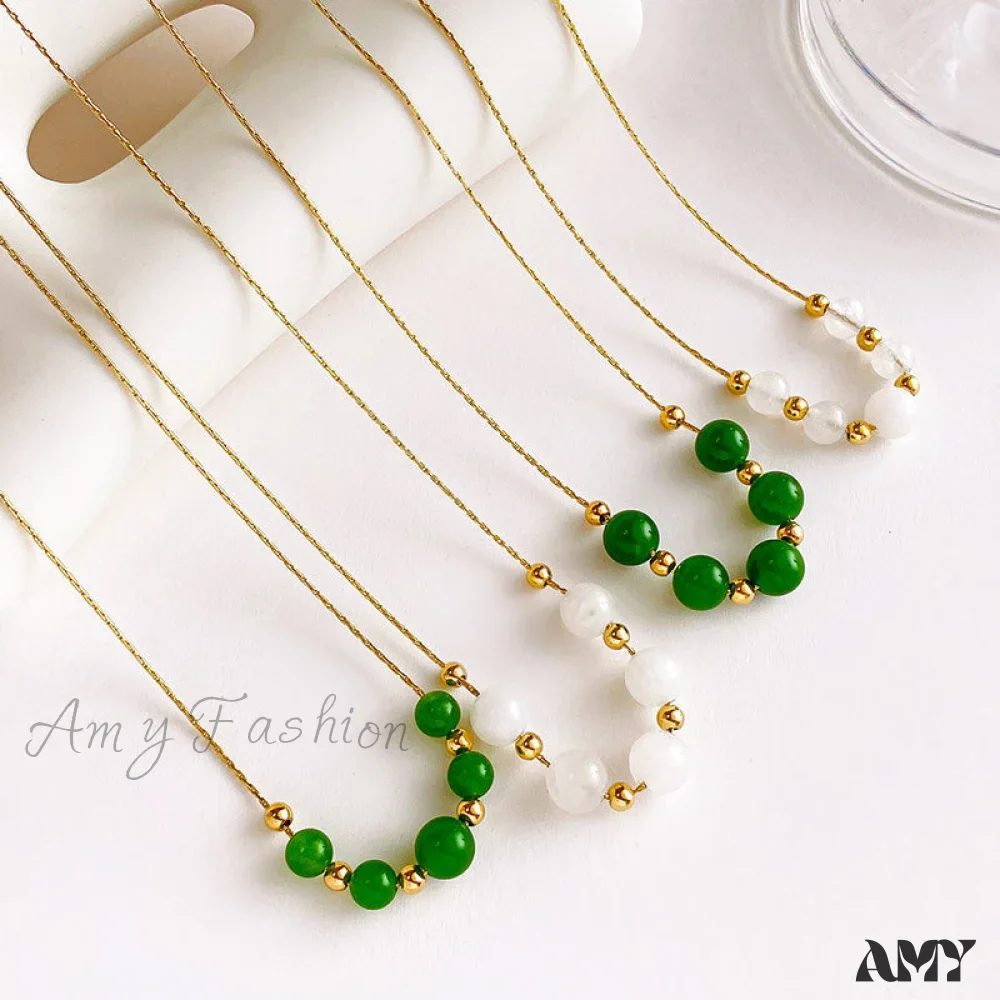 Amy Fashion - 14K Gold White Green Bead Necklaces - Image 2