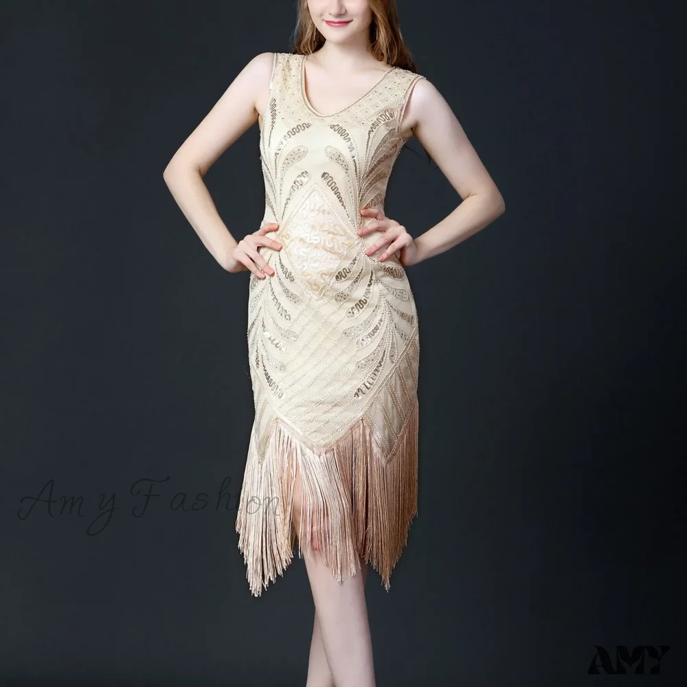 1920s Retro Tassel Prom Sequin Dance Double V Neck Sleeveless Beaded Small Flapper Gatsby Vestidos Dress - Image 2