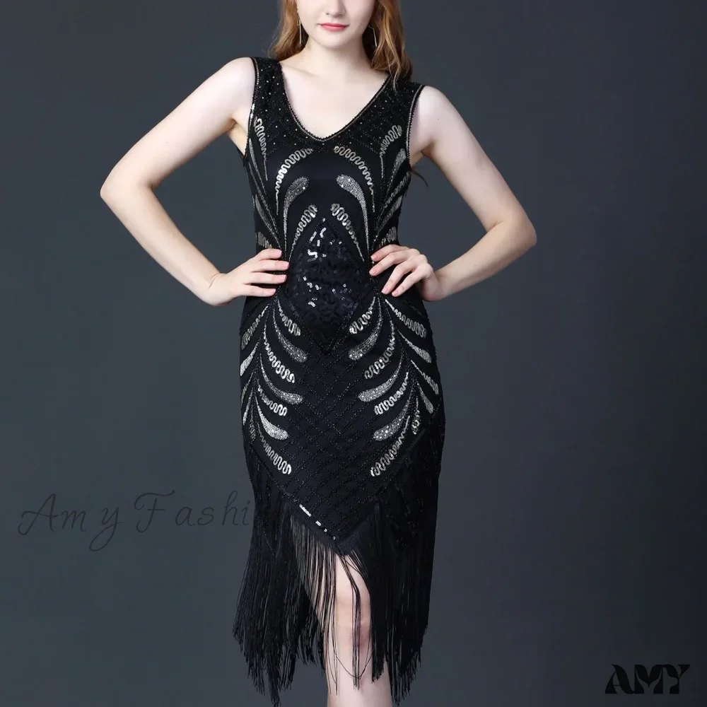 1920s Retro Tassel Prom Sequin Dance Double V Neck Sleeveless Beaded Small Flapper Gatsby Vestidos Dress - Image 4