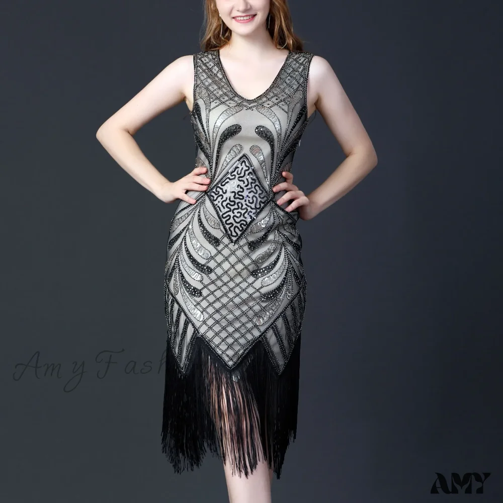 1920s Retro Tassel Prom Sequin Dance Double V Neck Sleeveless Beaded Small Flapper Gatsby Vestidos Dress - Image 6