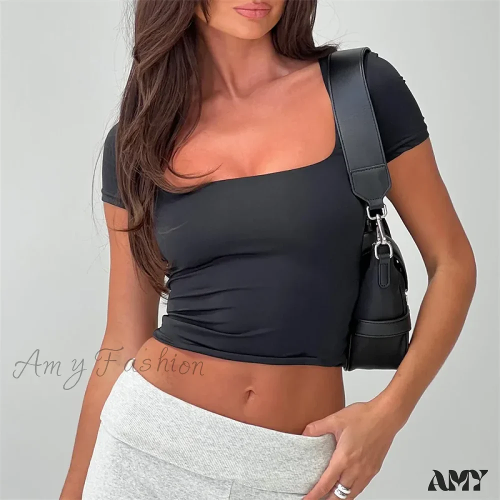 Basic Solid Color Square Collar Short Sleeve Summer Casual Streetwear Crop Top - Image 3