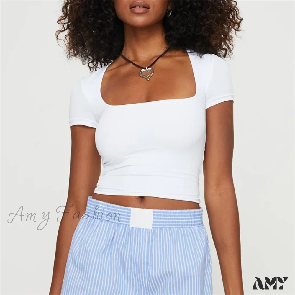 Basic Solid Color Square Collar Short Sleeve Summer Casual Streetwear Crop Top - Image 5