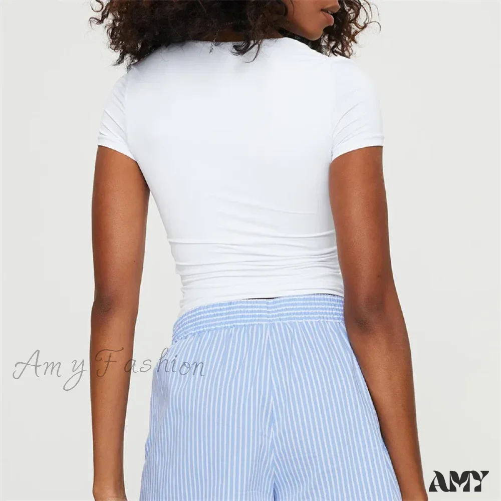Basic Solid Color Square Collar Short Sleeve Summer Casual Streetwear Crop Top - Image 6