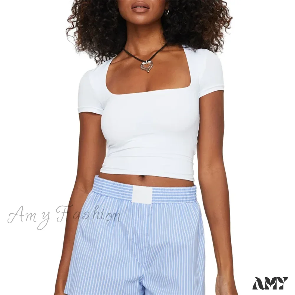 Basic Solid Color Square Collar Short Sleeve Summer Casual Streetwear Crop Top - Image 9
