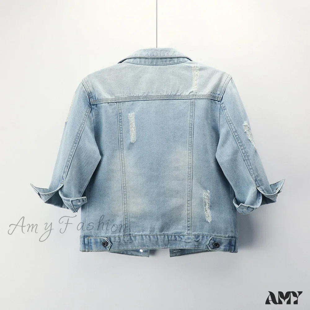 Amy Fashion - Slim Seven-point Sleeve Denim Jacket - Image 5