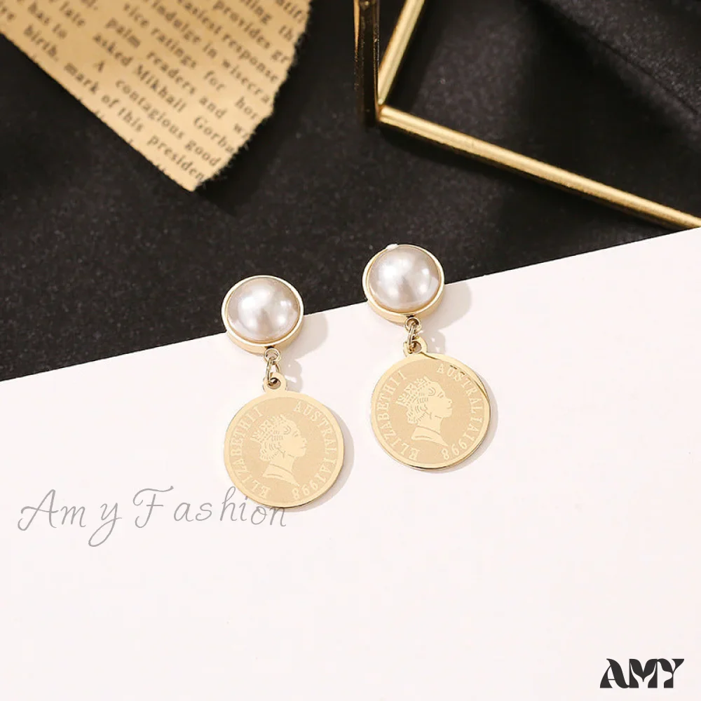 14K Gold Elegant Pearl Relief Portrait Coin Earrings - Image 4
