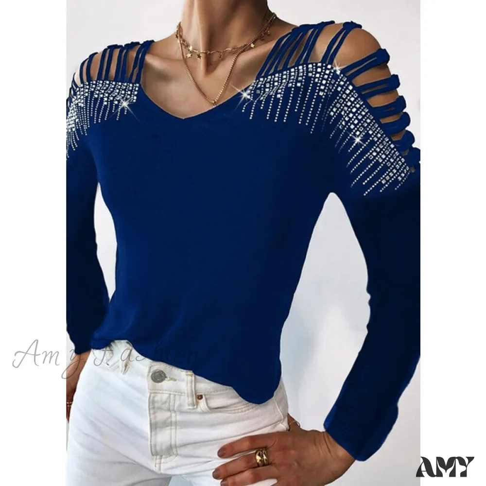 Amy Fashion - Sequins Cold Shoulder Long Sleeves Irregular V-neck Shirt - Image 4