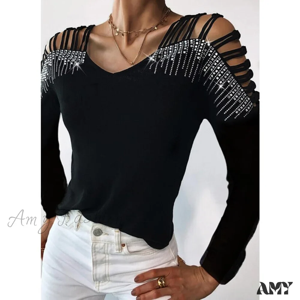 Amy Fashion - Sequins Cold Shoulder Long Sleeves Irregular V-neck Shirt - Image 5