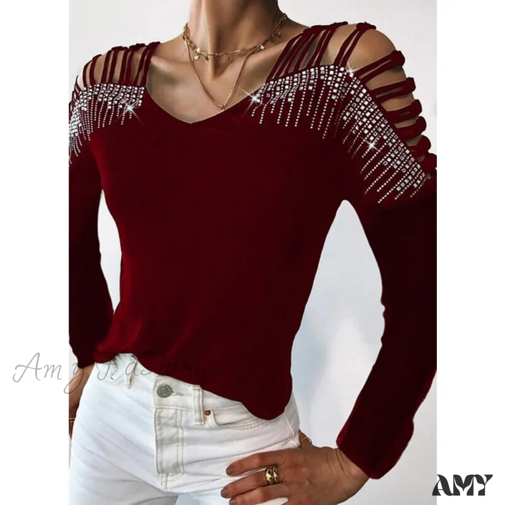 Amy Fashion - Sequins Cold Shoulder Long Sleeves Irregular V-neck Shirt - Image 6