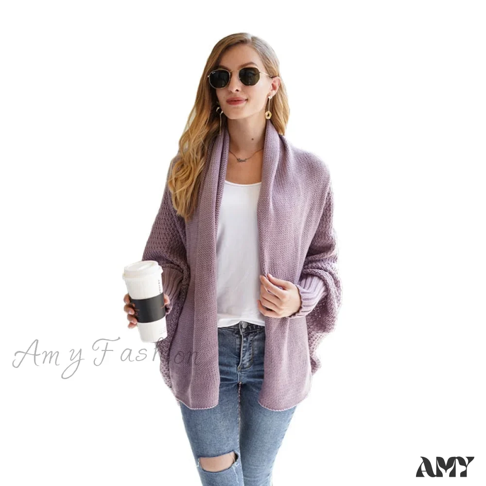 Amy Fashion - Solid Batwing Sleeve Loose-fitting Long Knitted Cardigan Sweater - Image 4