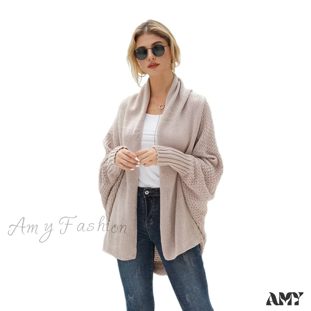 Amy Fashion - Solid Batwing Sleeve Loose-fitting Long Knitted Cardigan Sweater - Image 5