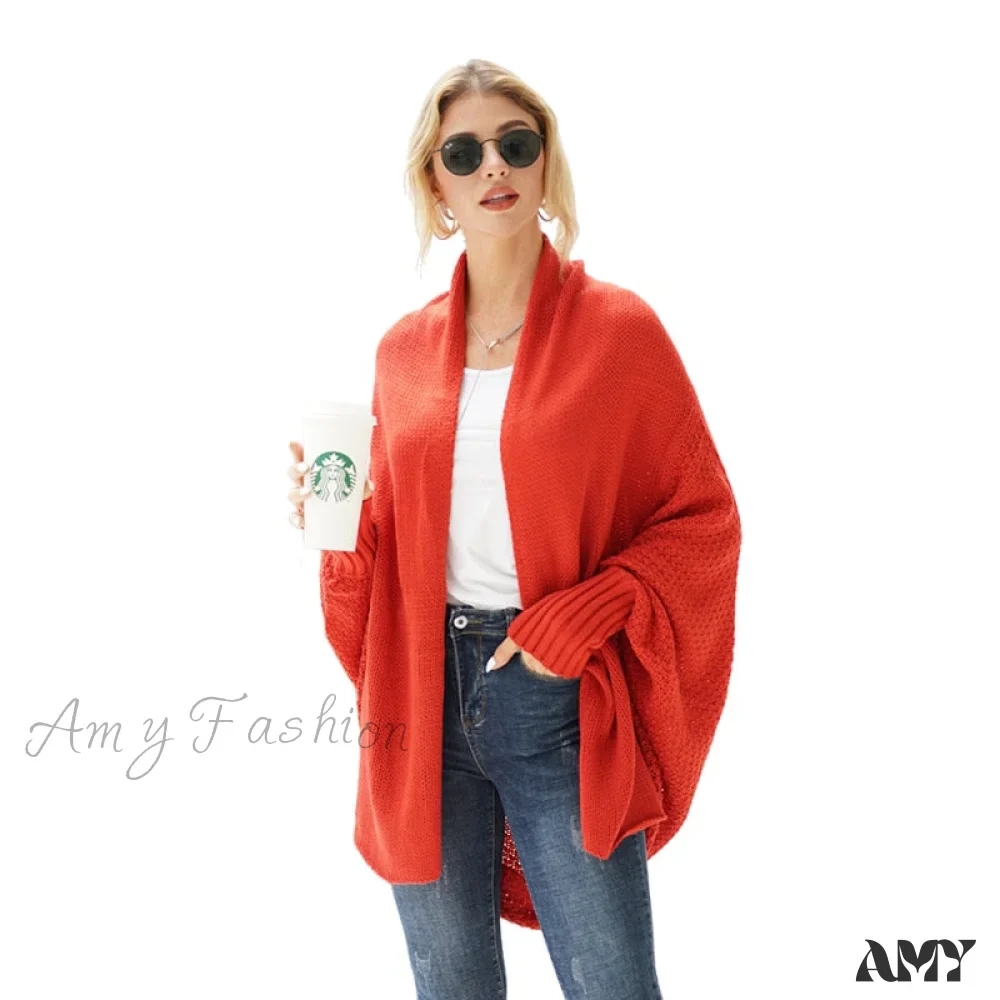 Amy Fashion - Solid Batwing Sleeve Loose-fitting Long Knitted Cardigan Sweater - Image 6