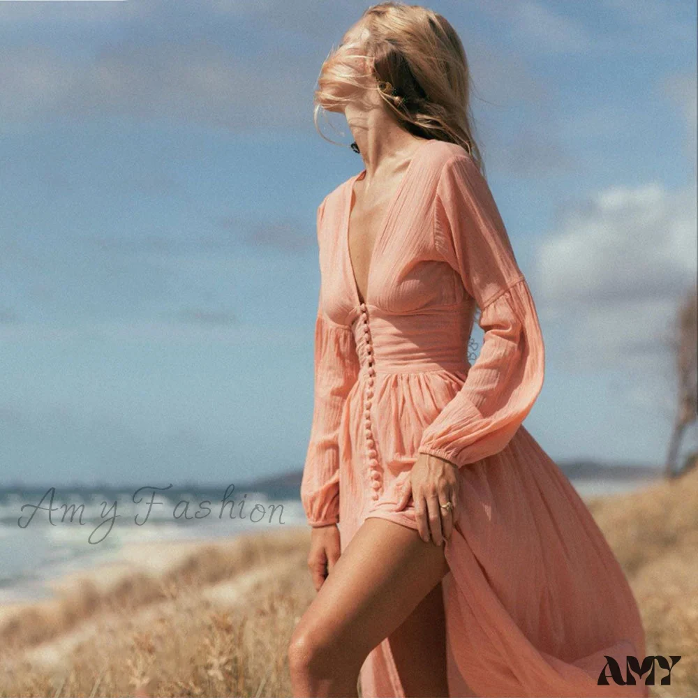 Amy Fashion - Romance V Neck Single-breasted Long Sleeve Maxi Dress - Image 4