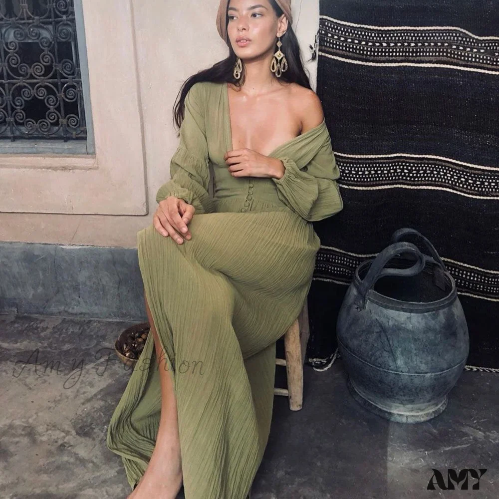 Amy Fashion - Romance V Neck Single-breasted Long Sleeve Maxi Dress - Image 5
