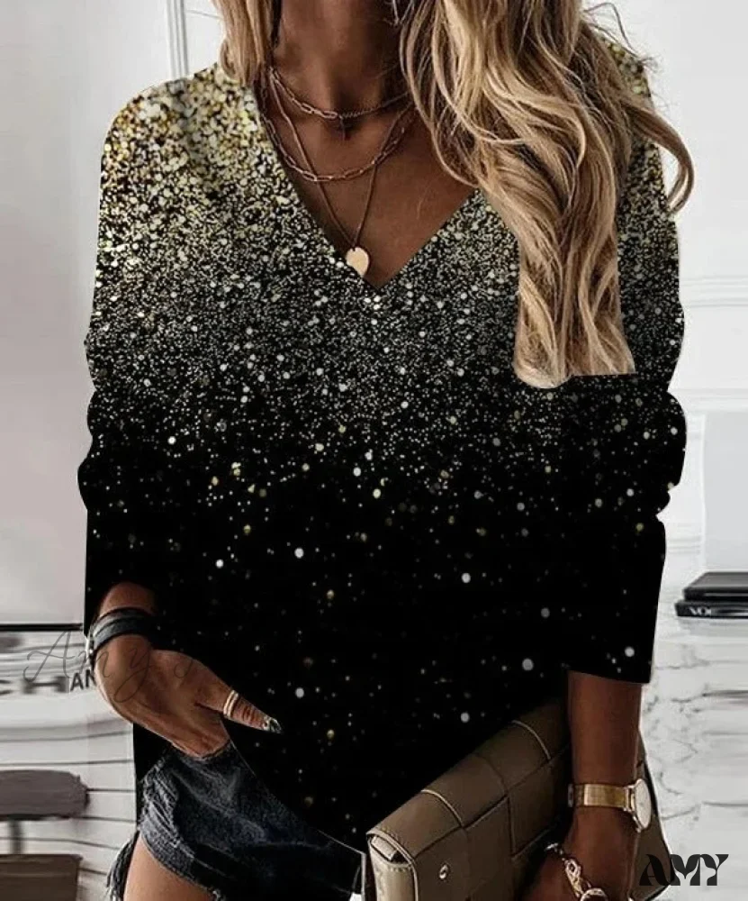 Amy Fashion - Loose V-neck Sequined Long Sleeve Pullover - Image 3