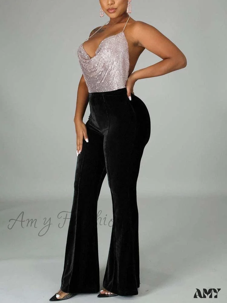 Amy Fashion - Velvet Velour Flared Bell Bottoms High Waist Pants - Image 10