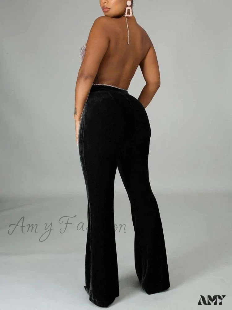 Amy Fashion - Velvet Velour Flared Bell Bottoms High Waist Pants - Image 11