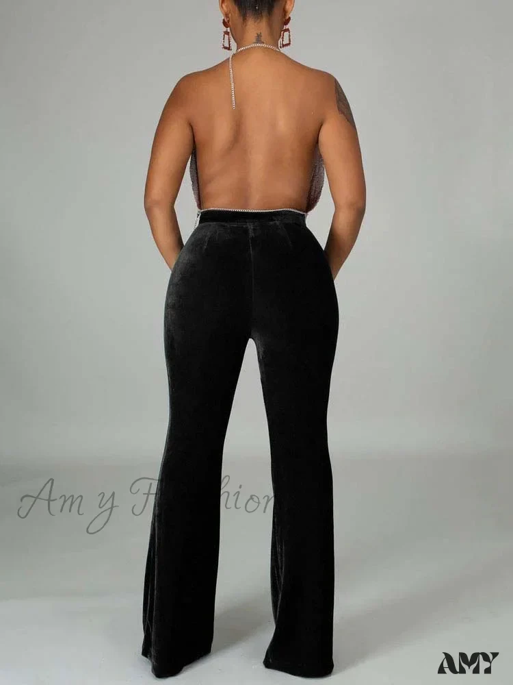 Amy Fashion - Velvet Velour Flared Bell Bottoms High Waist Pants - Image 12