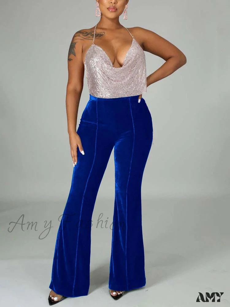 Amy Fashion - Velvet Velour Flared Bell Bottoms High Waist Pants - Image 13