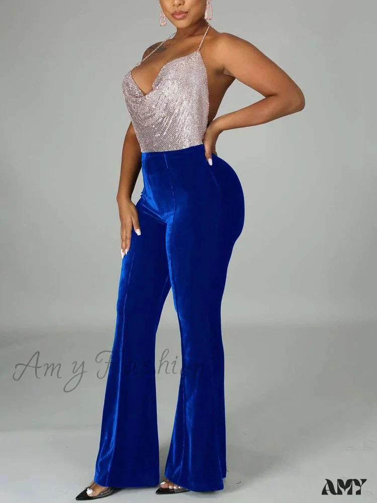 Amy Fashion - Velvet Velour Flared Bell Bottoms High Waist Pants - Image 14