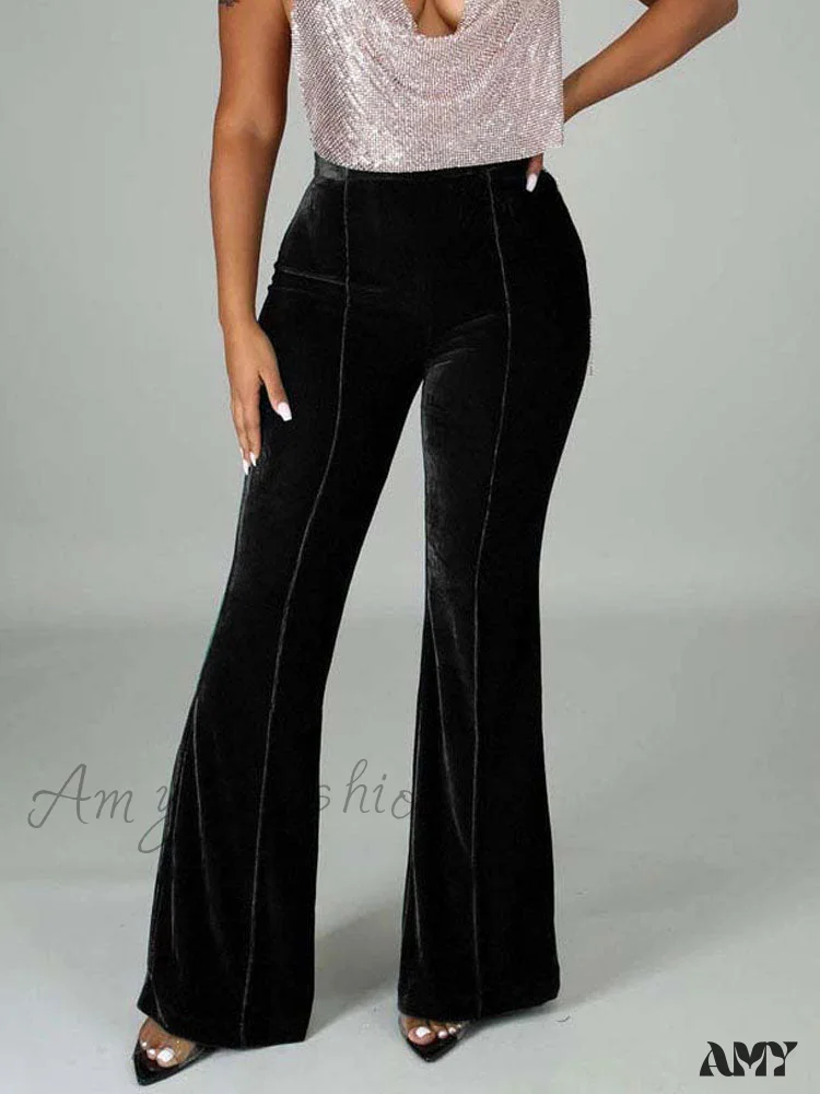 Amy Fashion - Velvet Velour Flared Bell Bottoms High Waist Pants - Image 17