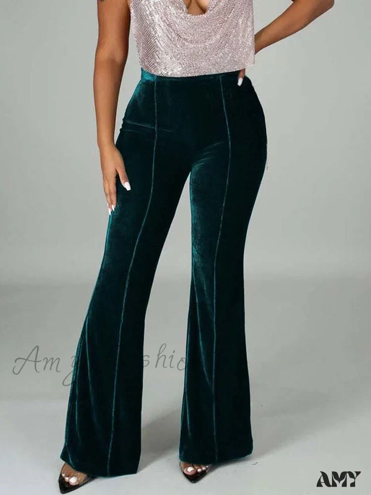 Amy Fashion - Velvet Velour Flared Bell Bottoms High Waist Pants - Image 18