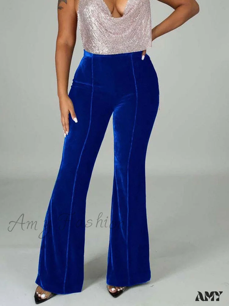 Amy Fashion - Velvet Velour Flared Bell Bottoms High Waist Pants - Image 19