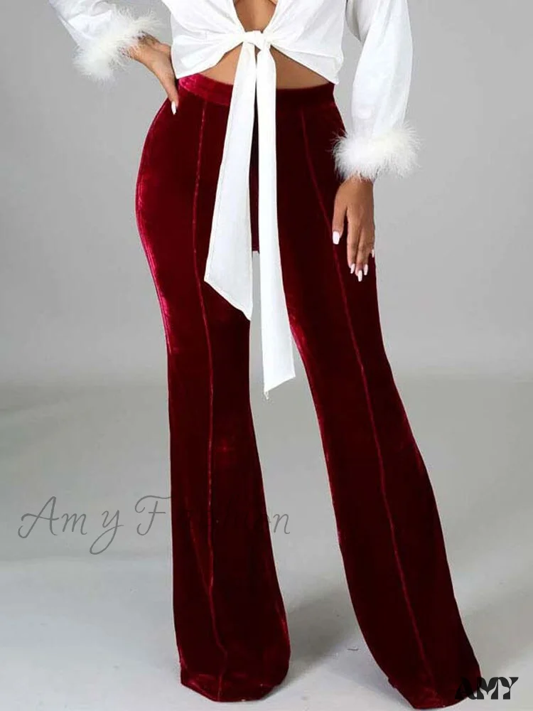Amy Fashion - Velvet Velour Flared Bell Bottoms High Waist Pants - Image 20