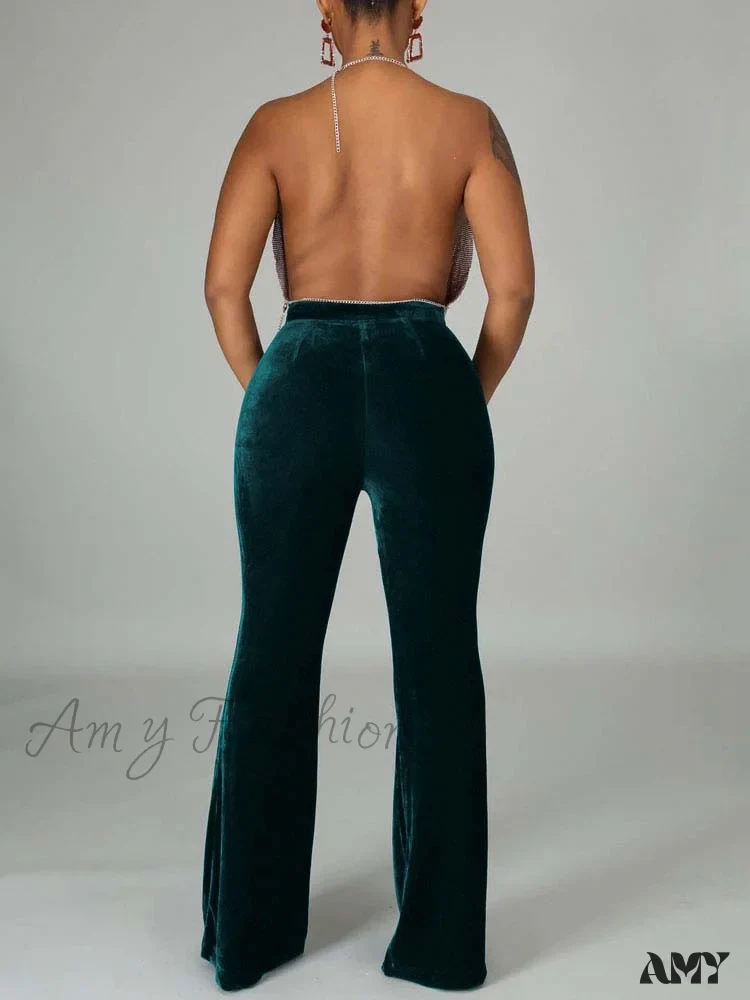 Amy Fashion - Velvet Velour Flared Bell Bottoms High Waist Pants - Image 3