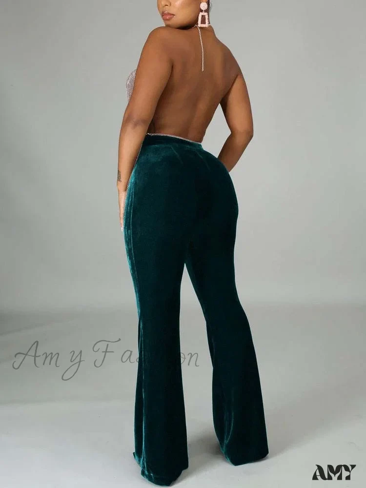 Amy Fashion - Velvet Velour Flared Bell Bottoms High Waist Pants - Image 4