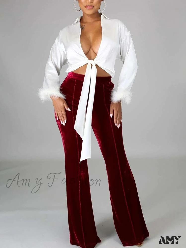 Amy Fashion - Velvet Velour Flared Bell Bottoms High Waist Pants - Image 5