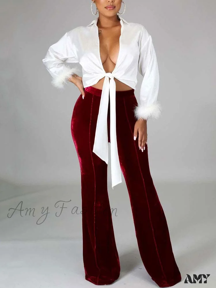 Amy Fashion - Velvet Velour Flared Bell Bottoms High Waist Pants - Image 6