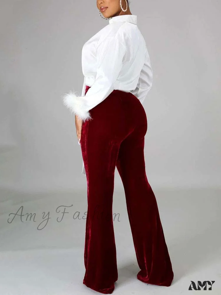 Amy Fashion - Velvet Velour Flared Bell Bottoms High Waist Pants - Image 7