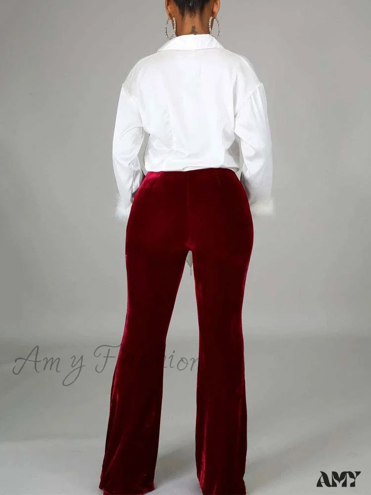 Amy Fashion - Velvet Velour Flared Bell Bottoms High Waist Pants - Image 8