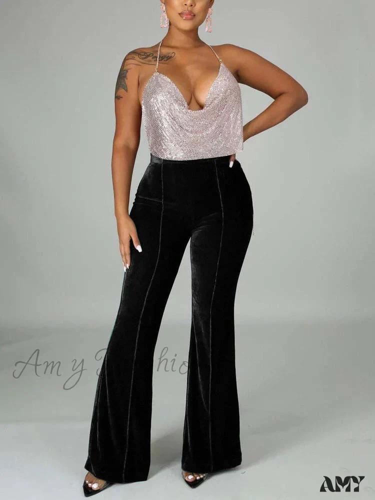 Amy Fashion - Velvet Velour Flared Bell Bottoms High Waist Pants - Image 9