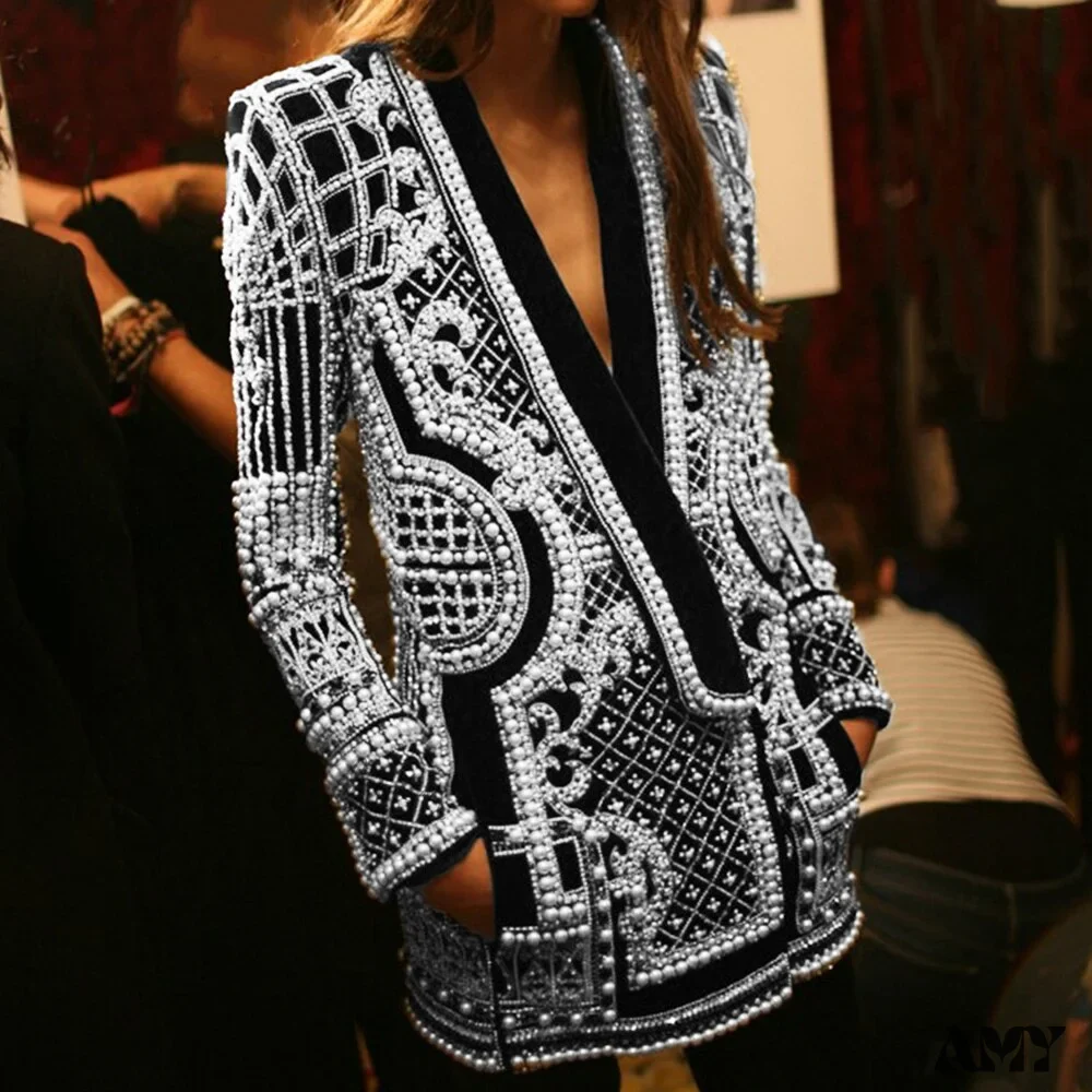 Amy Fashion - Beading Design Long Sleeve Vintage Coat - Image 4