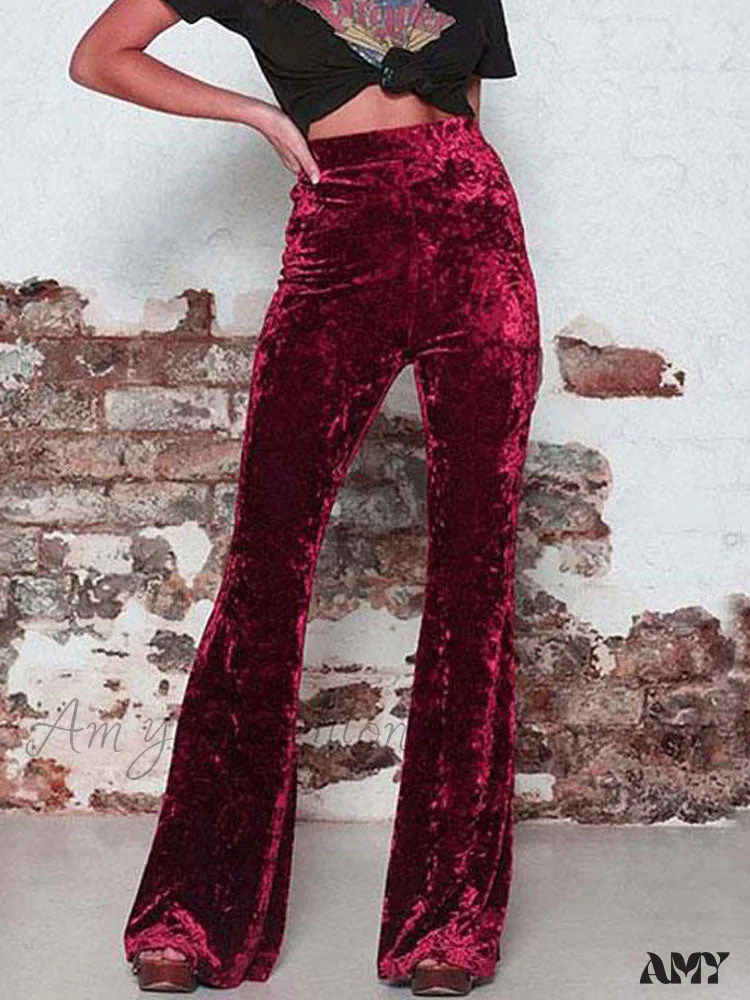 Amy Fashion - High Waist Velvet Wide Leg Velour Flare Pants - Image 4