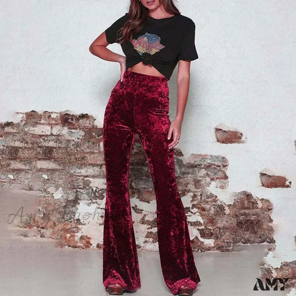 Amy Fashion - High Waist Velvet Wide Leg Velour Flare Pants - Image 5