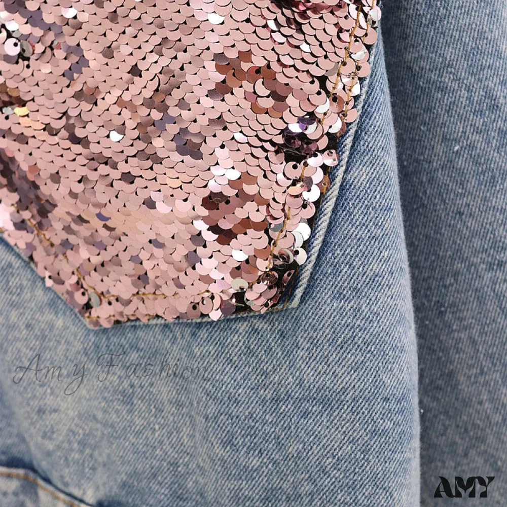 Amy Fashion - Pink Shiny Sequin Denim Jacket - Image 3