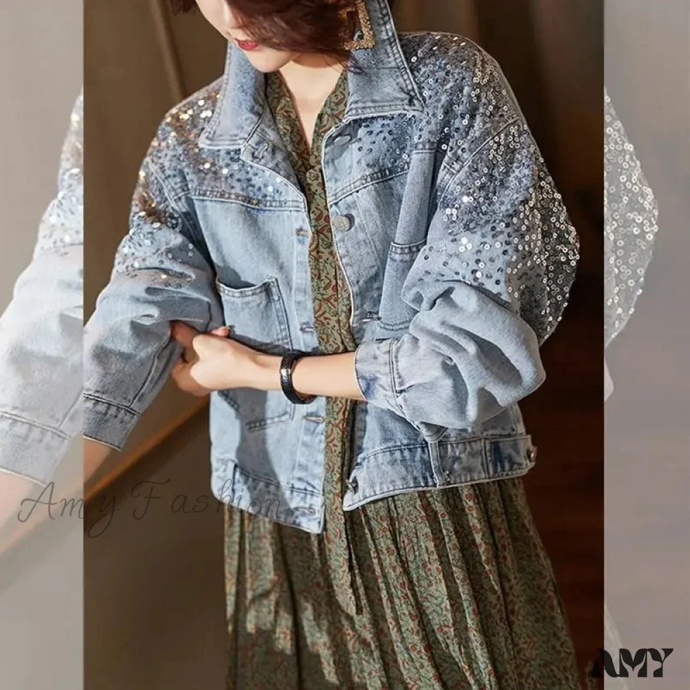Amy Fashion - Pink Shiny Sequin Denim Jacket - Image 4
