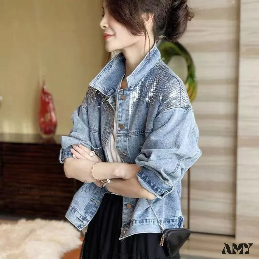Amy Fashion - Pink Shiny Sequin Denim Jacket - Image 5
