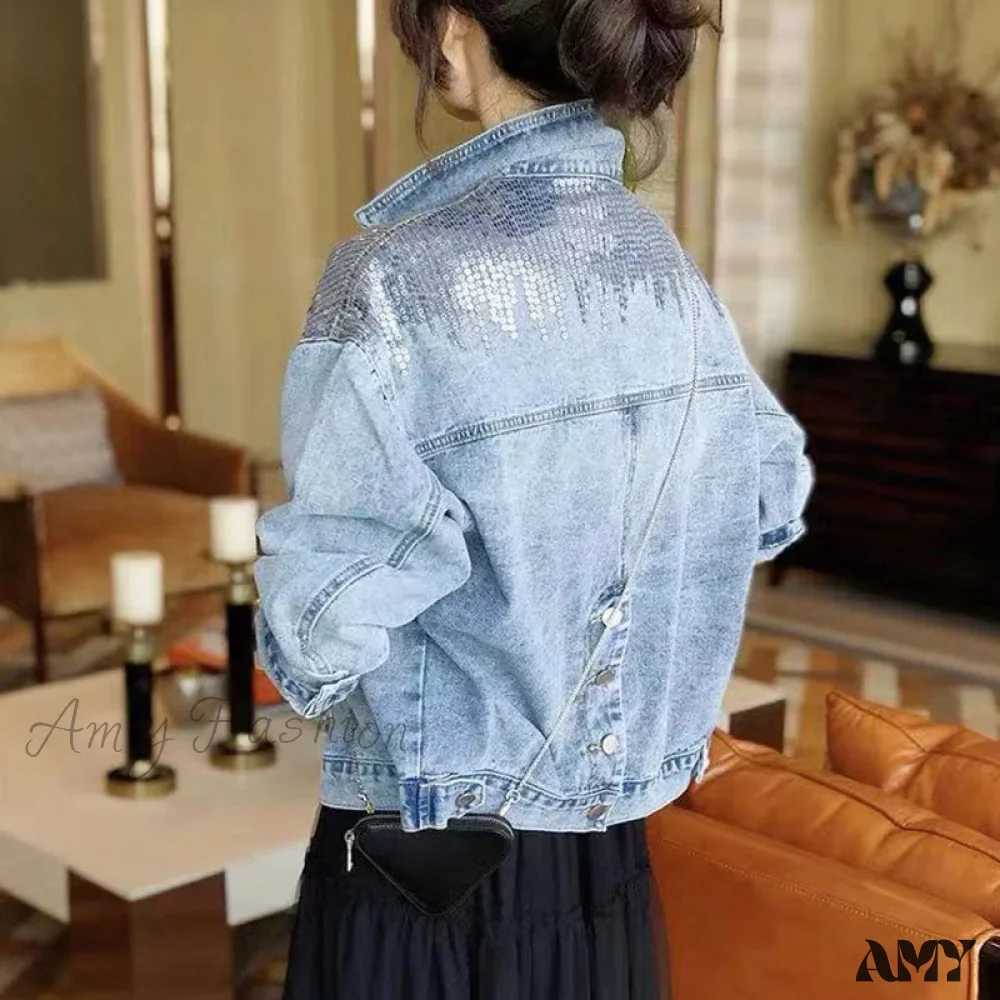 Amy Fashion - Pink Shiny Sequin Denim Jacket - Image 6