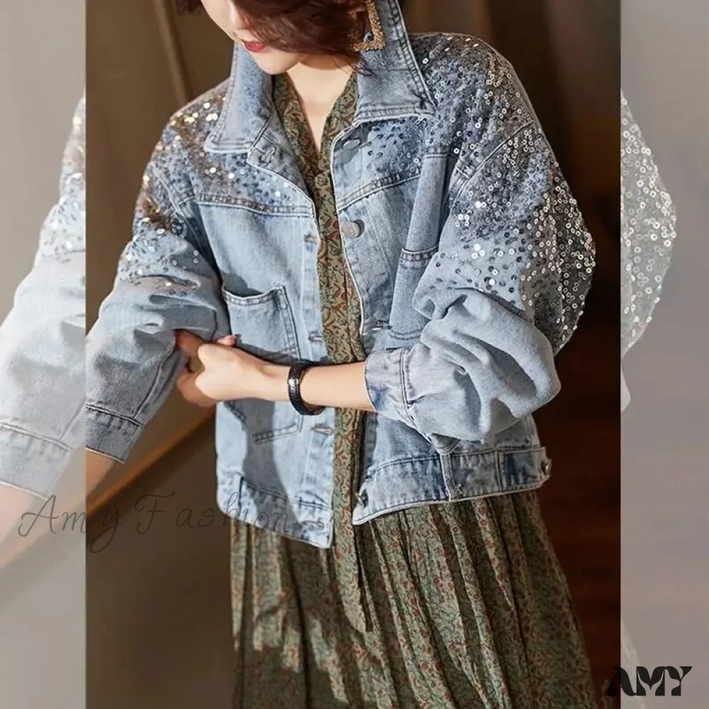 Amy Fashion - Pink Shiny Sequin Denim Jacket - Image 7