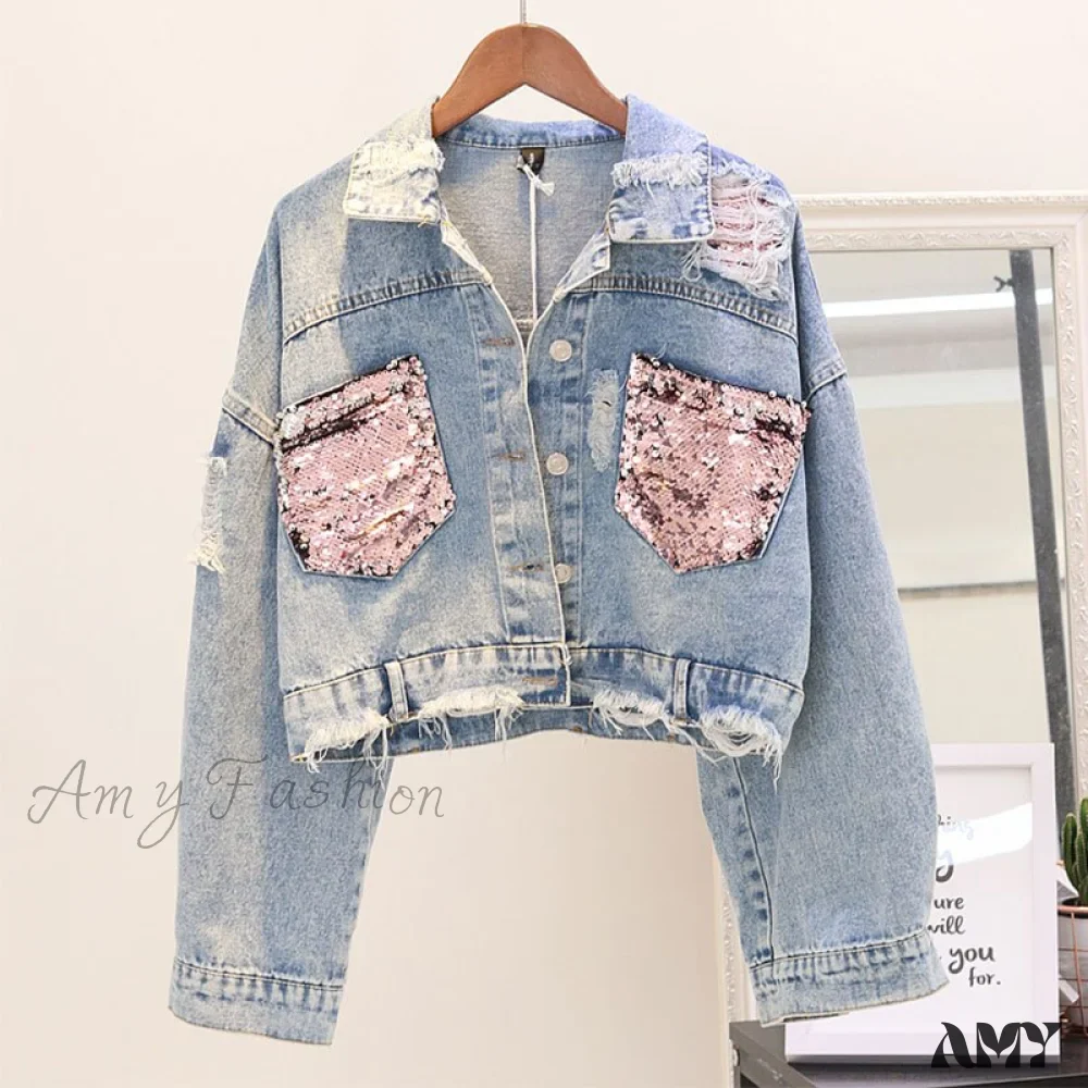 Amy Fashion - Pink Shiny Sequin Denim Jacket - Image 8