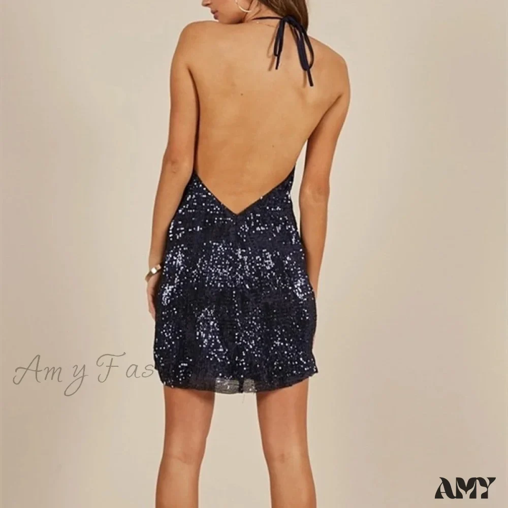 Amy Fashion - Sequins Backless Sleeveless Cowl Neck Halter Draped Mini Dress - Image 4