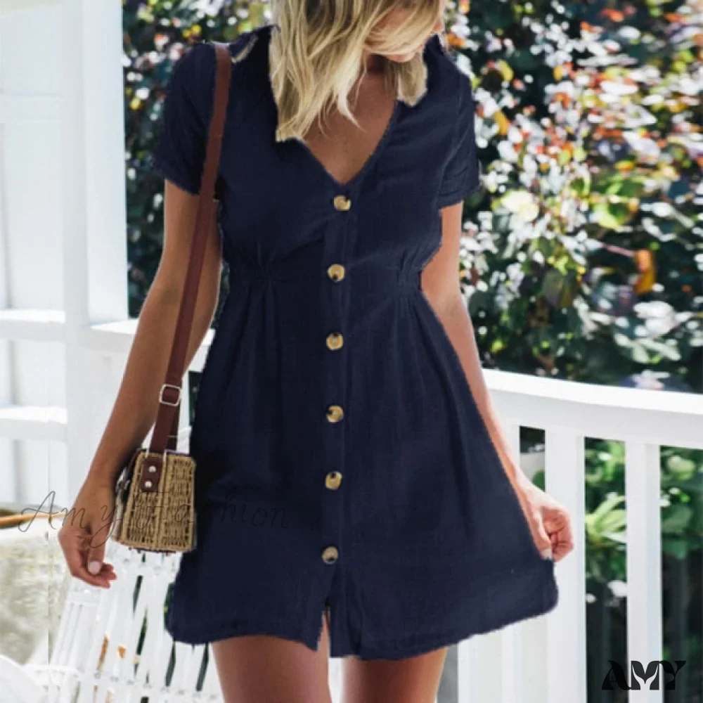 Amy Fashion - Pure Color Single Row Buttons V-Neck Dress - Image 4