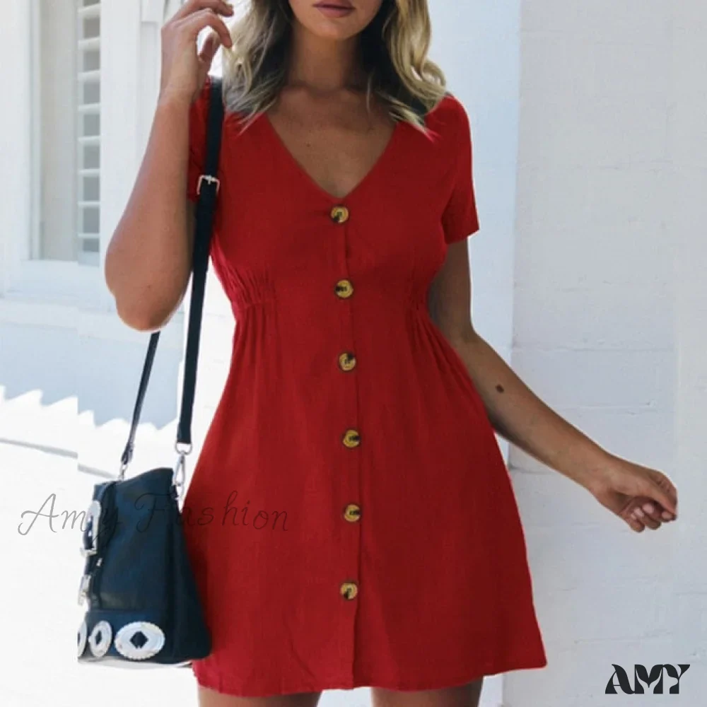 Amy Fashion - Pure Color Single Row Buttons V-Neck Dress - Image 6