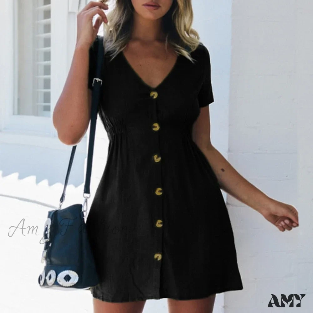 Amy Fashion - Pure Color Single Row Buttons V-Neck Dress - Image 7
