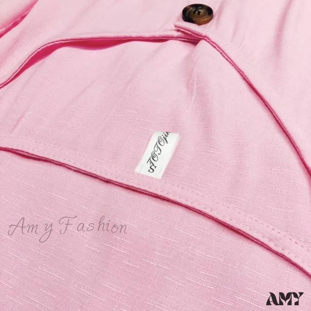 Amy Fashion - Pure Color Single Row Buttons V-Neck Dress - Image 9