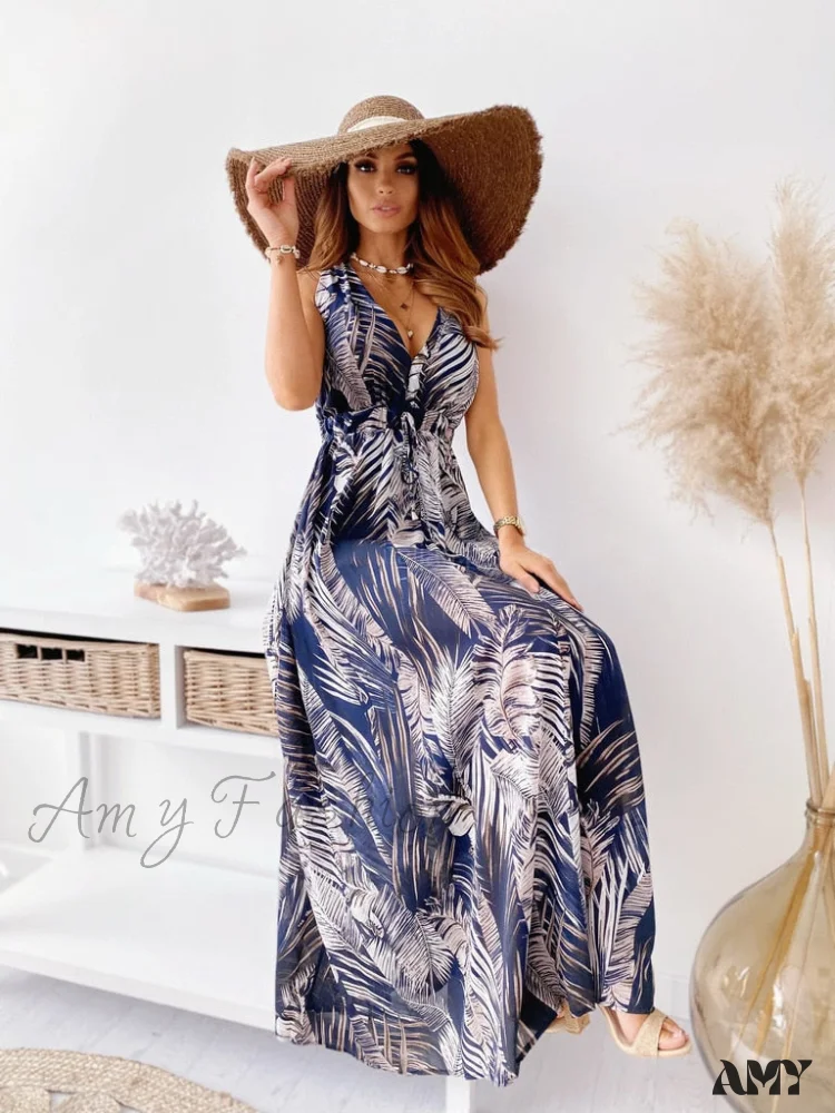 Amy Fashion - Sexy Deep V-Neck Ankle-Length Beach Party Dress - Image 2